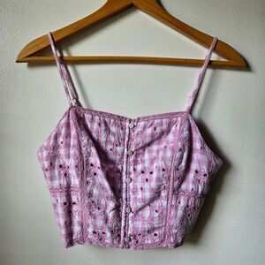 EUC AMERICAN EAGLE CROPPED EMBROIDERED FLORAL GINGHAM SMOCK TANK TOP SIZE M
